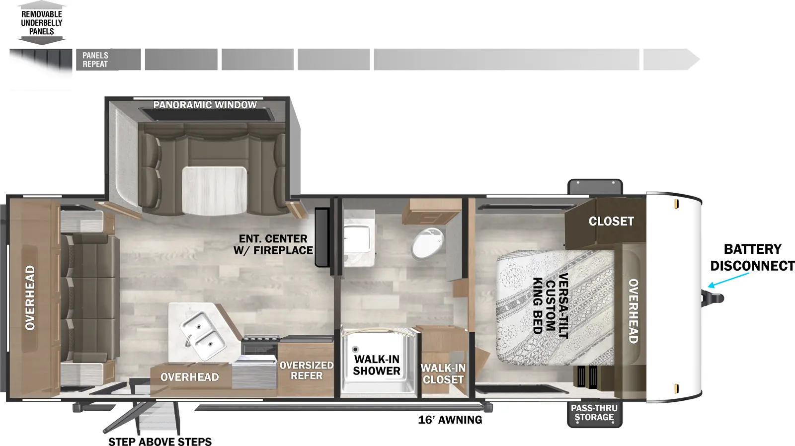 The Cruise Lite Southwest T24RLXL floorplan has one entry and one slide out. Exterior features include: metal exterior and 16' awning. Interiors features include: u-dinette, front bedroom, rear living and pass through bathroom.